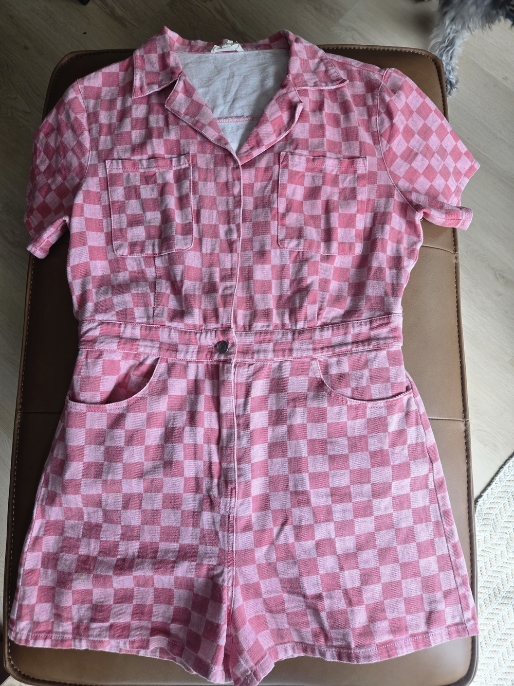 Entro Pink Checkerboard Denim Romper Button Front Pockets